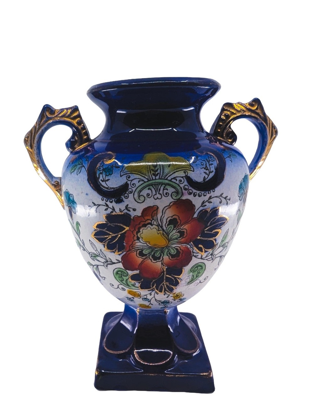 Antique J. Kent Ltd Fenton England Cobalt Blue Floral Two Handle Urn Vase